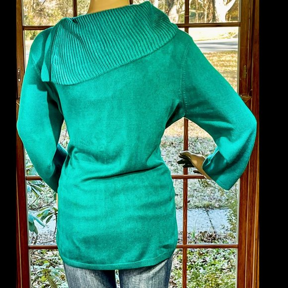 ▪️KNIT BY HAMPTON STUDIO▪️Teal Green Ribbed Asymmetric Cowl Neck Sweater - Picture 2 of 4